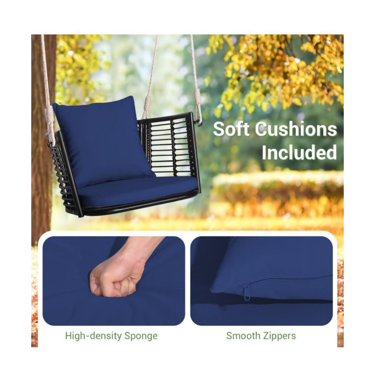 Porch Swing Patio Hanging Rattan Chair with Zippered Cushions and Rope