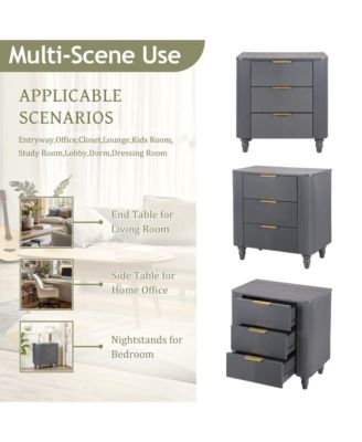 Mid-Century Fluted Nightstand with 3 Storage Drawers, Wood Bedside End Table with Curved Profile & Metal Handle for Bedroom, Living Room