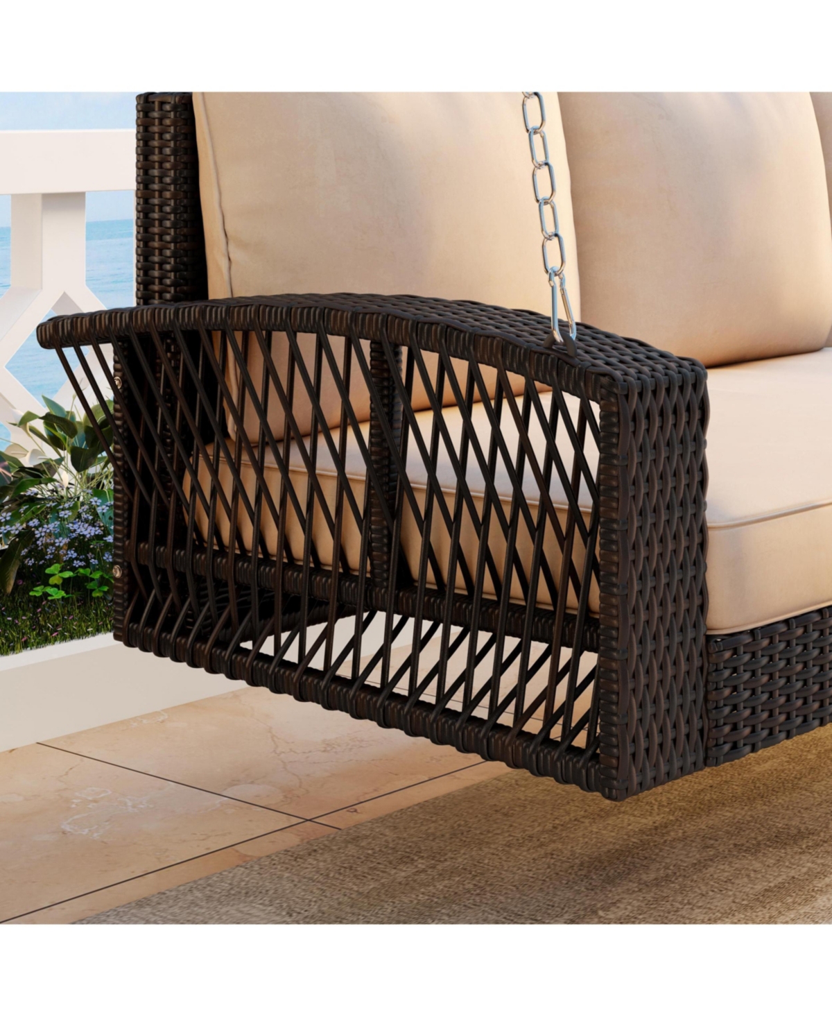 69" Pe Wicker 3-Person Porch Swing with Cushions