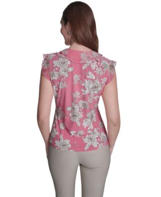 Women's Floral Mixed Media V-Neck Top