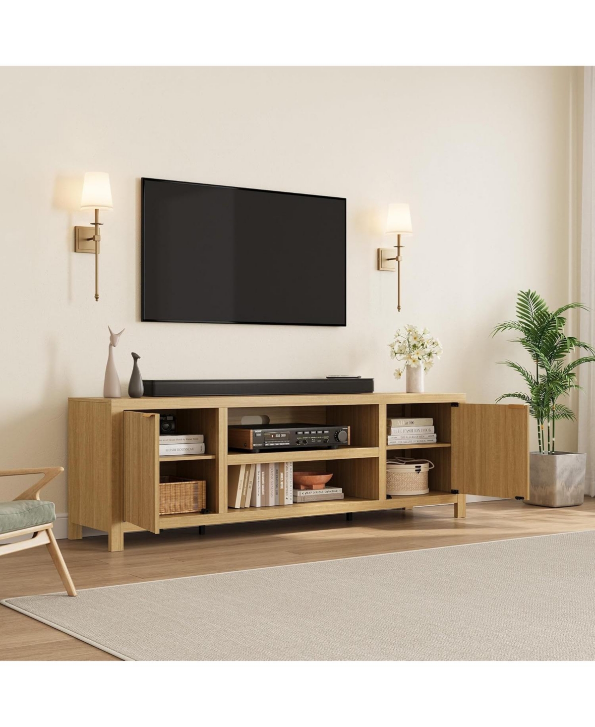 gaomon Fluted Tv Stand for 80 in, Modern Entertainment Center with Storage, Wooden Media Console Cabinet
