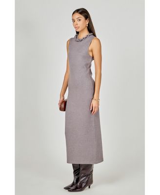 Women's Knitted Chain Detail Sleeveless Midi Dress