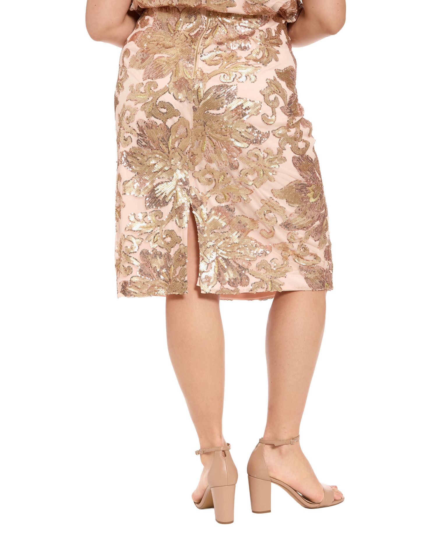 Plus Size Gold Floral Sequined Knee-length Pencil Skirt