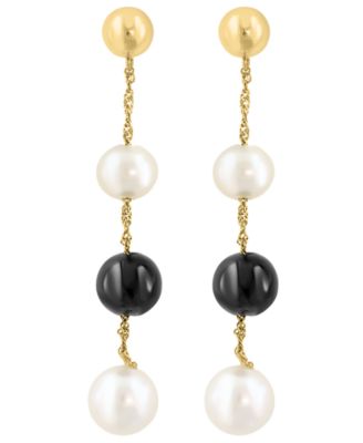 Freshwater Pearl & Onyx Earrings in 14k Yellow Gold