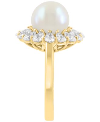 Lab Grown Diamond (1-1/2 ct. t.w.) & Freshwater Pearl (9mm) Ring in 14k Gold Over Sterling Silver