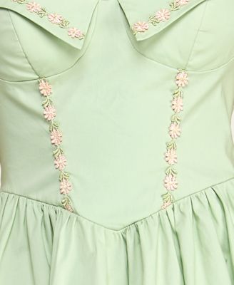 Juniors' Halter Poplin Floral Embroidery and Front Tie Fit & Flare Dress