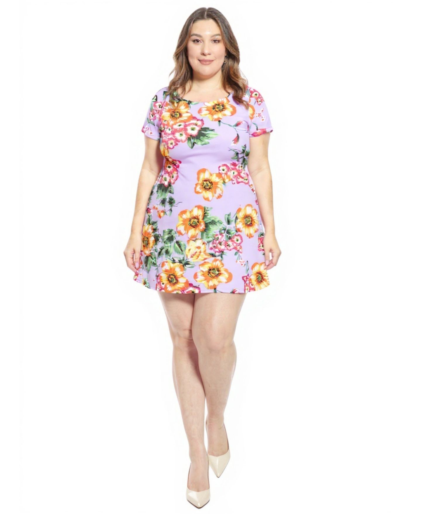 Женское платье 24seven Comfort Apparel Plus Size Floral Round Neck Shift, цвет: Лавандовый разноцветный — фото 1