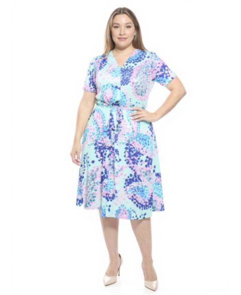 Женское платье 24seven Comfort Apparel Plus Size Abstract V-Neck A-Line Midi, цвет: Синий разноцветный