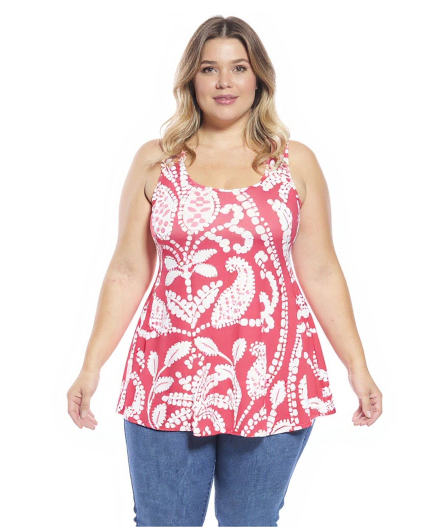Женский топ 24seven Comfort Apparel Plus Size Paisley Scoop Neck Tunic Tank Top, цвет: Красный разноцветный — фото 1