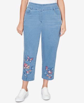 Plus Size Austin Butterfly Floral Printed Super Stretch Denim Ankle Pants