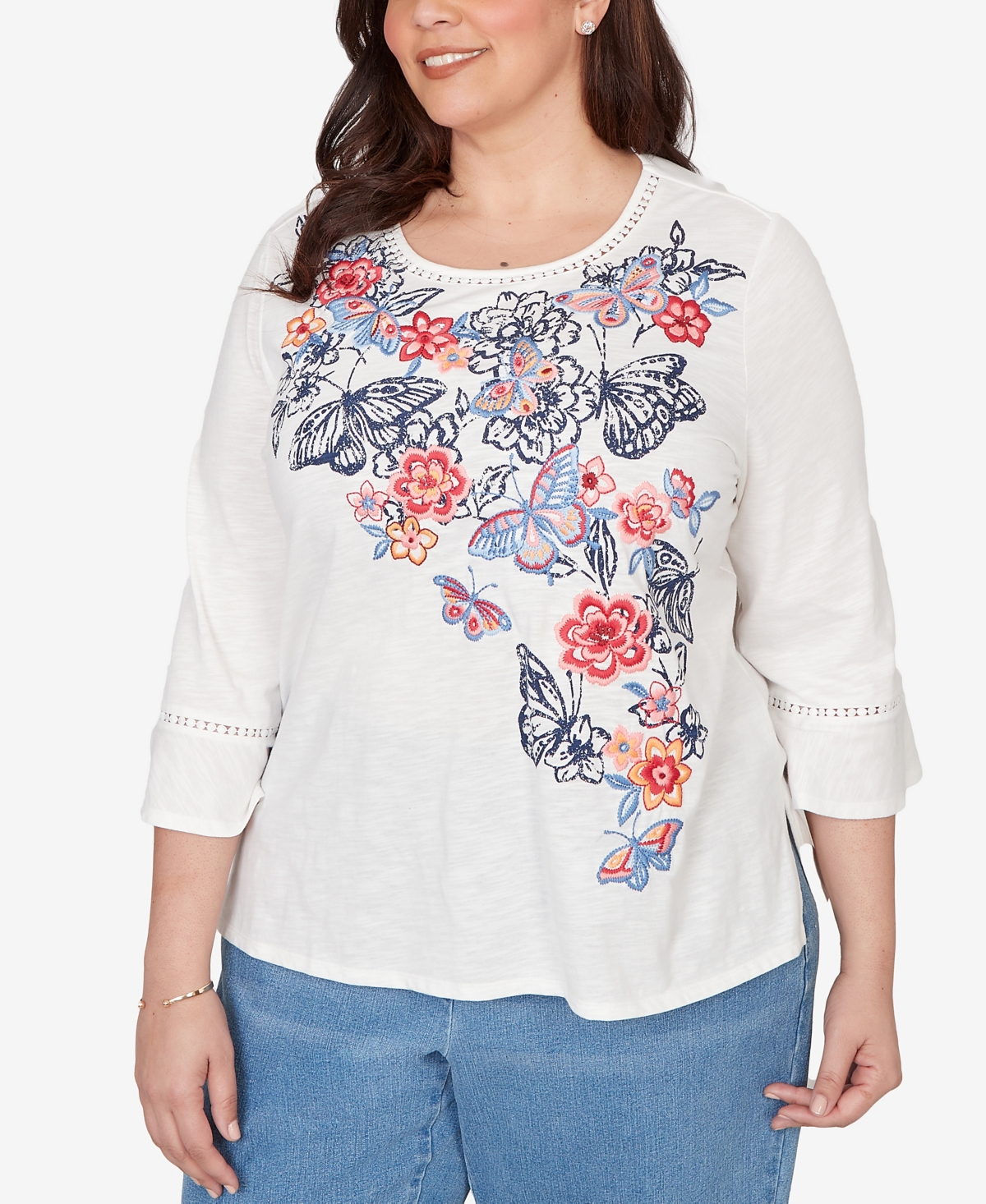 Alfred Dunner Plus Austin Embroidered Butterfly Crew Neck Knit Top