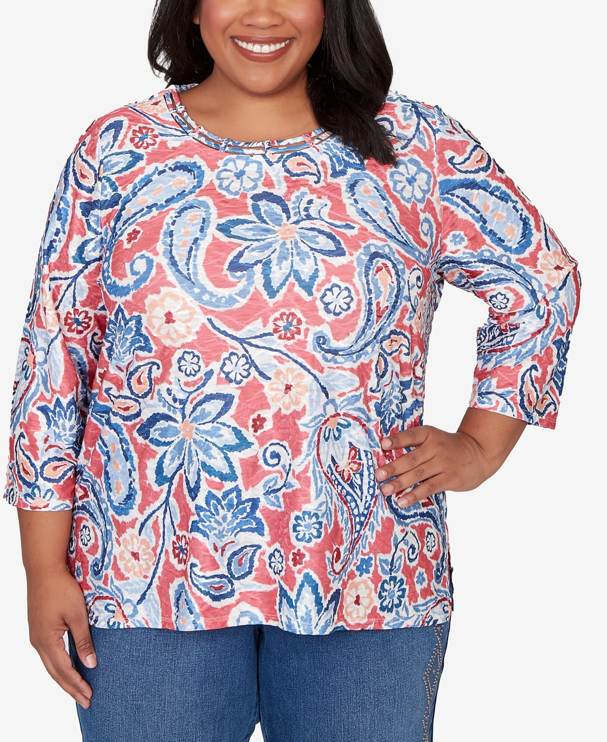 Alfred Dunner Plus Austin Embellished Paisley Floral Crew Neck Top