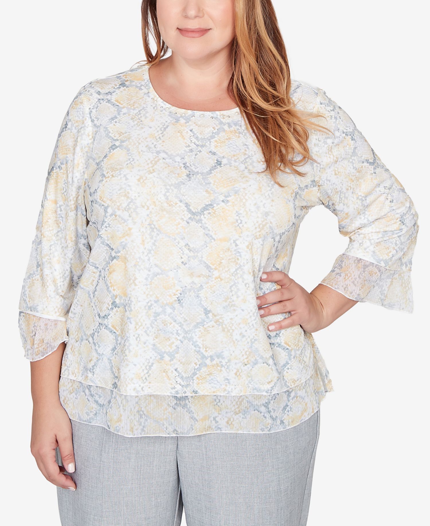 Plus Size Al Fresco Python Printed Knit Flutter Sleeve Top