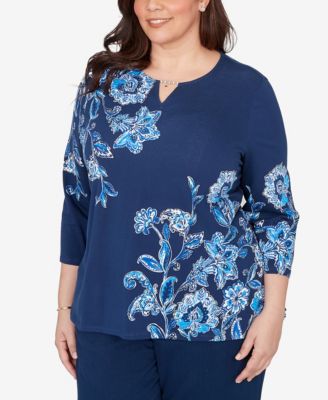 Plus Size Mykonos Asymmetrical Floral Split Beaded Neck Top