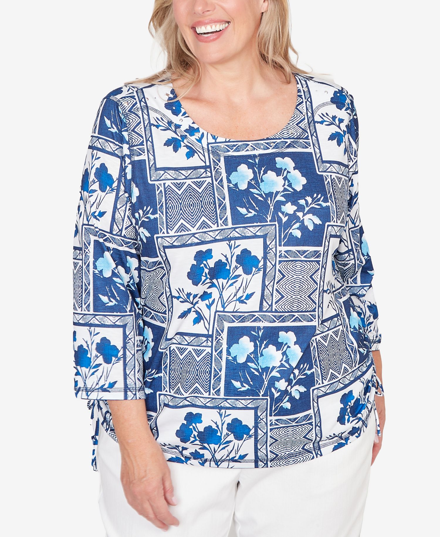 Plus Size Mykonos Framed Floral Ruched Side Tie Top