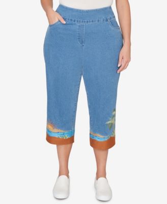 Plus Size Beachcomber Beach Embroidered Cuff Super Stretch Denim Capri Pants