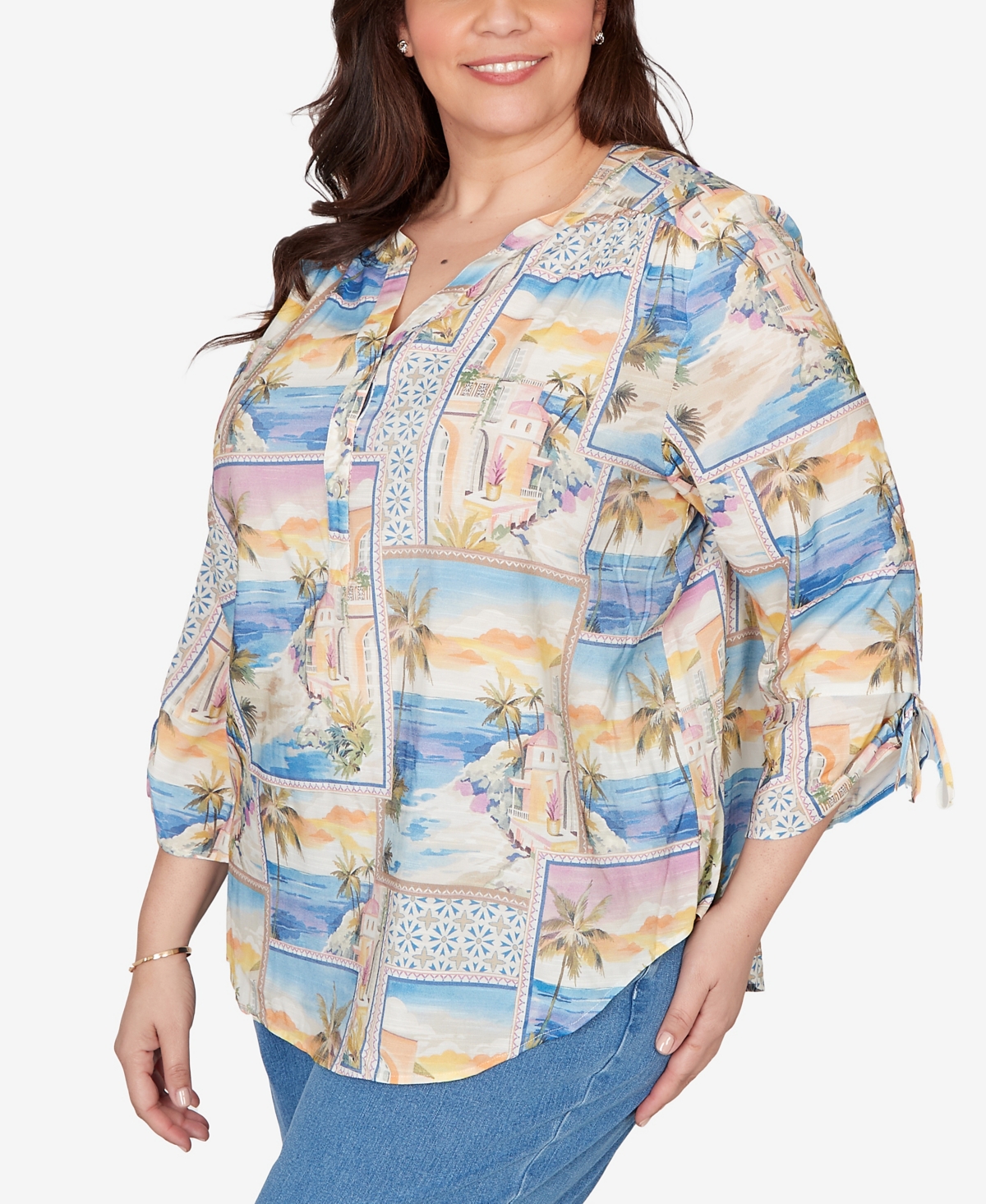 Alfred Dunner Plus Beachcomber Postcard Print Tie Sleeve Henley Top