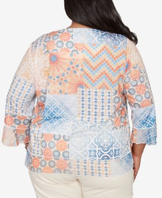 Plus Size Beachcomber Patchwork Medallion Ruffle Sleeve Top