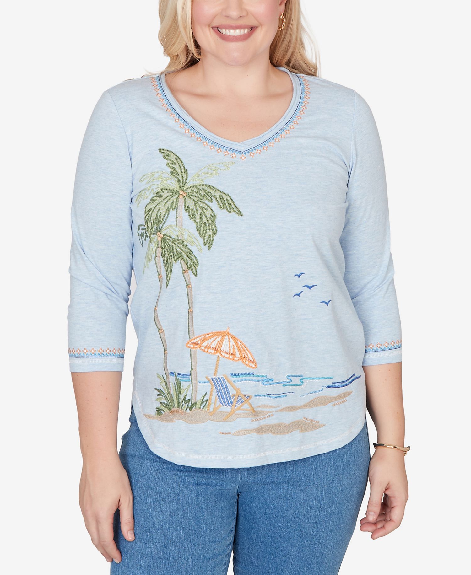 Plus Size Beachcomber Scenic Palm Tree Embroidered Top