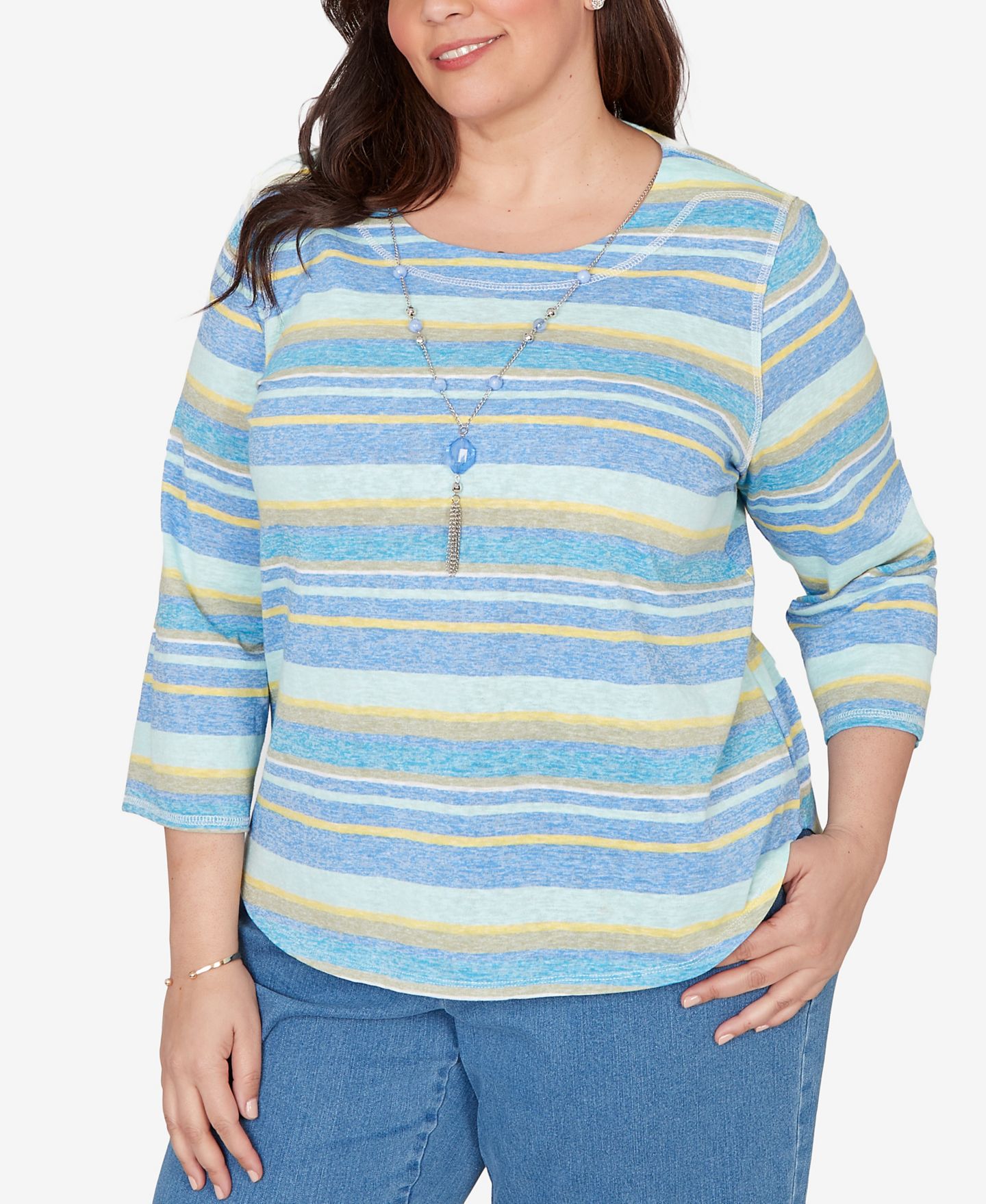 Женский топ Alfred Dunner Plus Size Beachcomber Coastal Striped with Necklace, цвет: Синий — фото 2