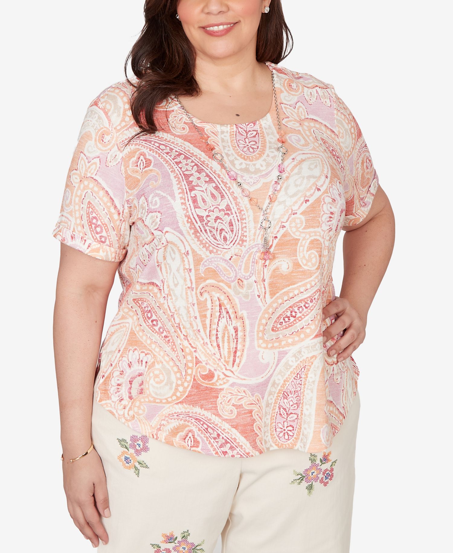Plus Size Beachcomber Paisley Short-Sleeve T-Shirt with Necklace