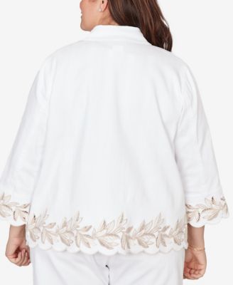 Plus Size Natural Wonder Leaf Cutout Embroidered Shirt Jacket