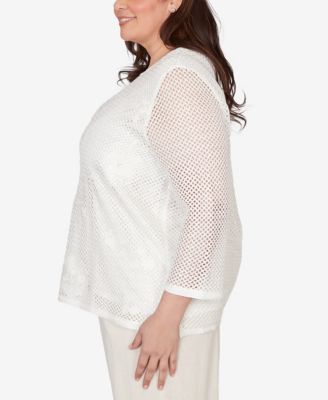 Plus Size Natural Wonder Sequin Mesh Flower Top