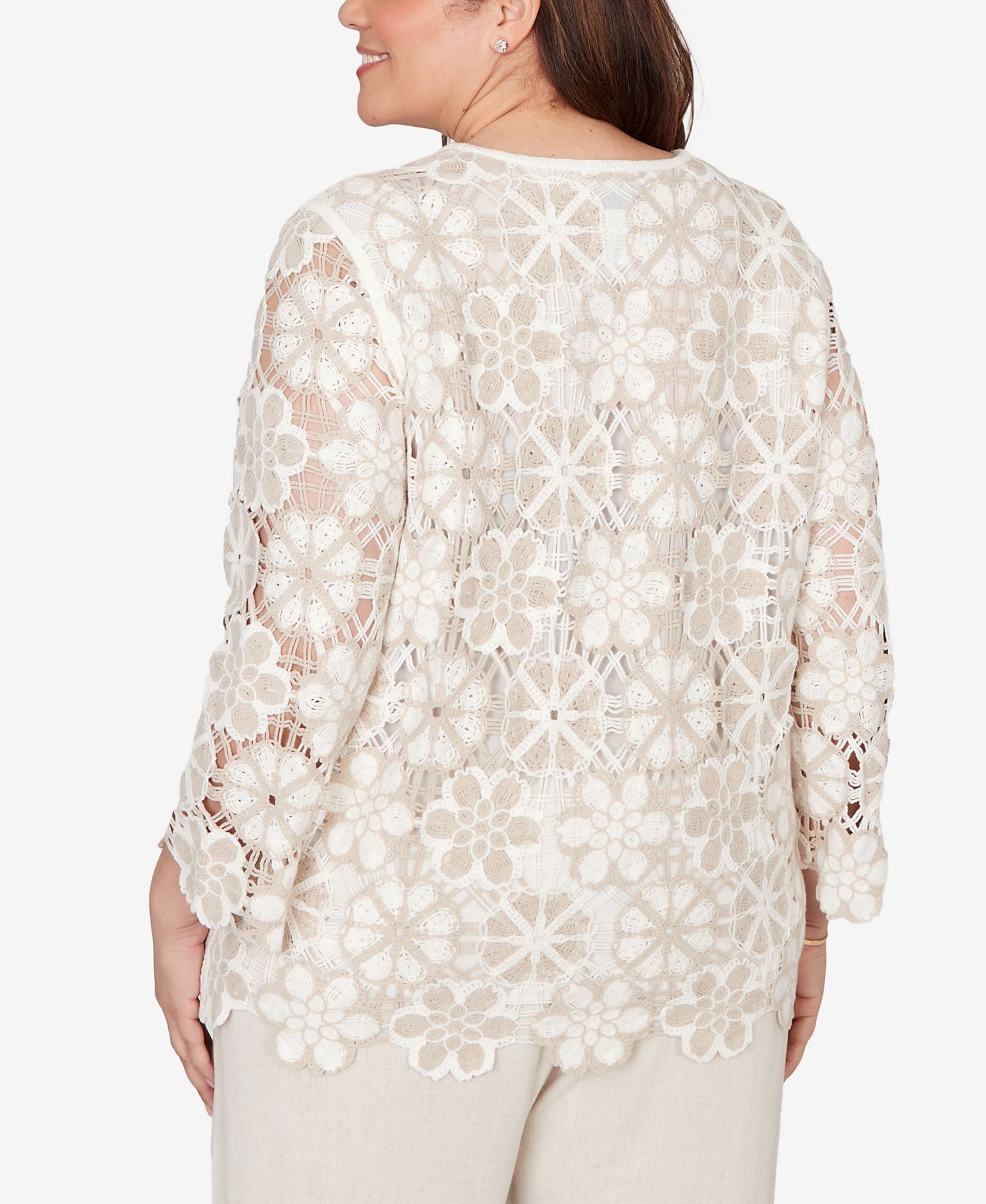 Plus Size Natural Wonder Floral Crochet Three Quarter Sleeve Top