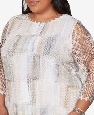 Plus Size Natural Wonder Neutral Brushstrokes Mesh Top