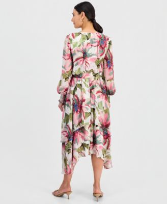 Petite Bubble-Sleeve Tie-Waist Tiered Dress