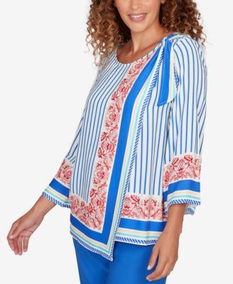 Petite Striped Scarf Print Tie Shoulder Top