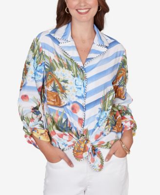 Petite Picnic Print Poplin Tied Snap Front Top