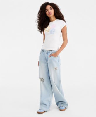 Juniors' Lace-Trim Destructed Elastic-Back Jeans