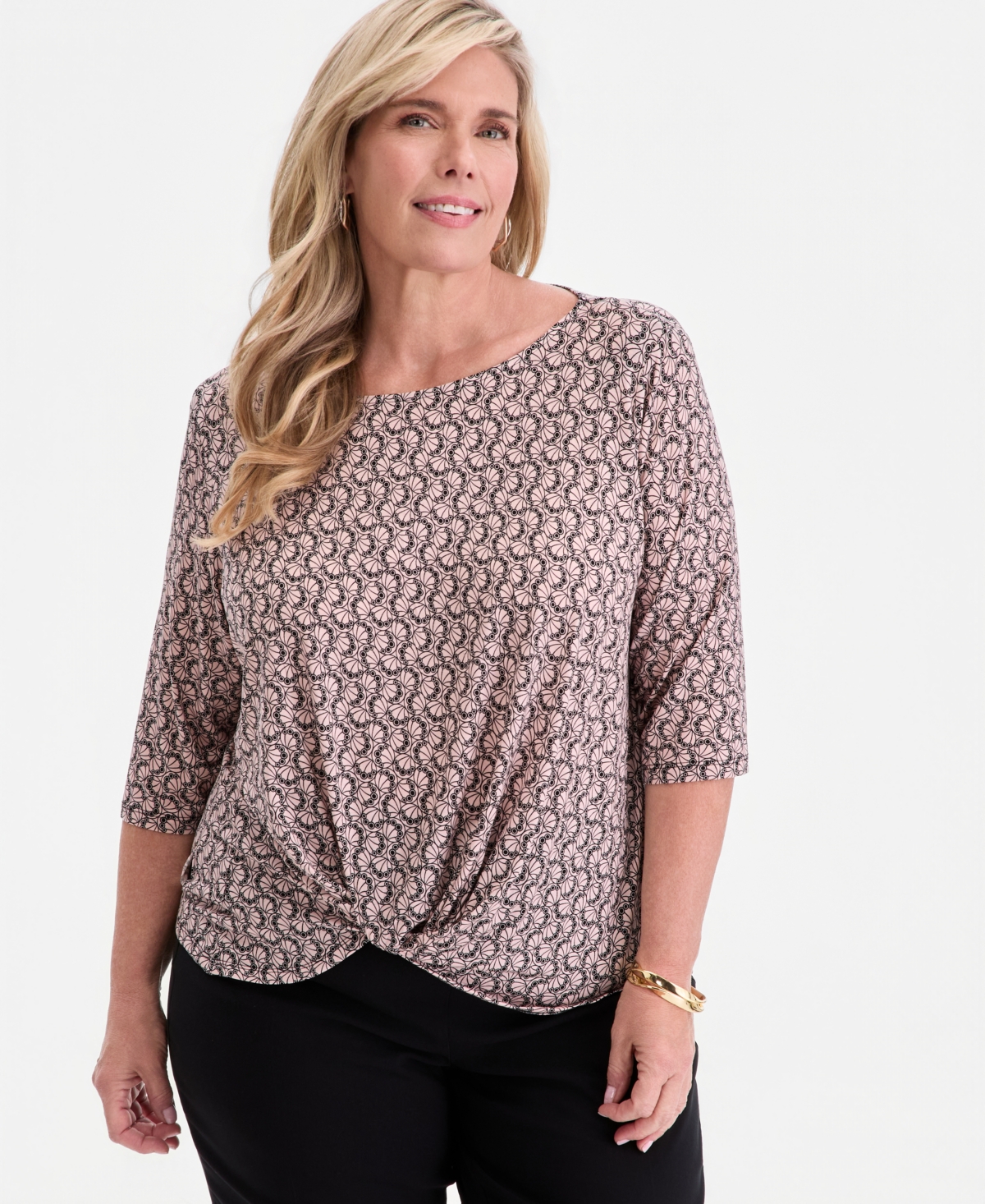 Jm Collection Plus Size Circular Pattern Twisted-Hem Top, Macy's Exclusive - Magnolia Bloom