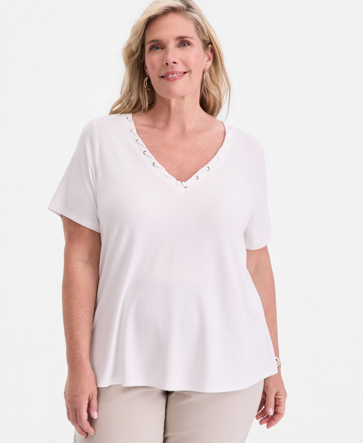 Plus Size Lace-Up V-Neck T-Shirt