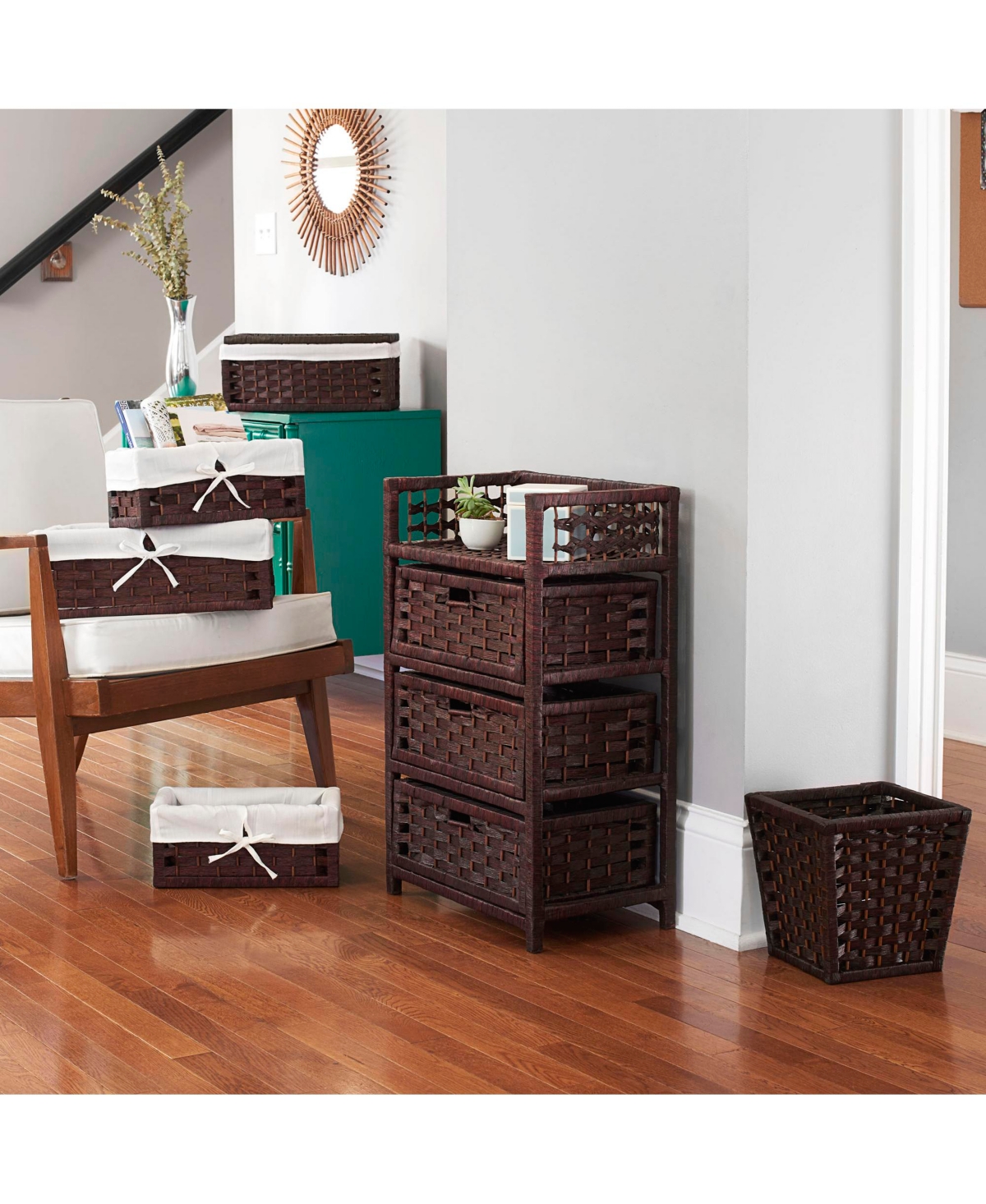 Household Essentials Woven 3 Drawer Chest with Cutout Handles, Paper Rope Stained
