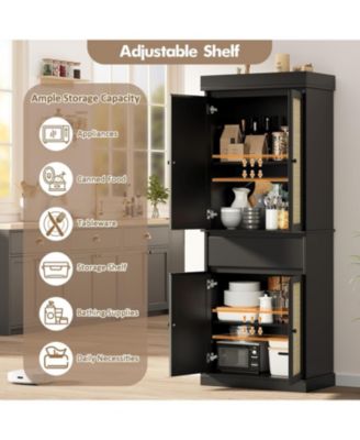 Tall Pantry Cabinet, Rattan Kitchen Pantry Storage Cabinet with Doors and Adjustable Shelves, 69" Freestanding Cupboard Cabinet with Drawer