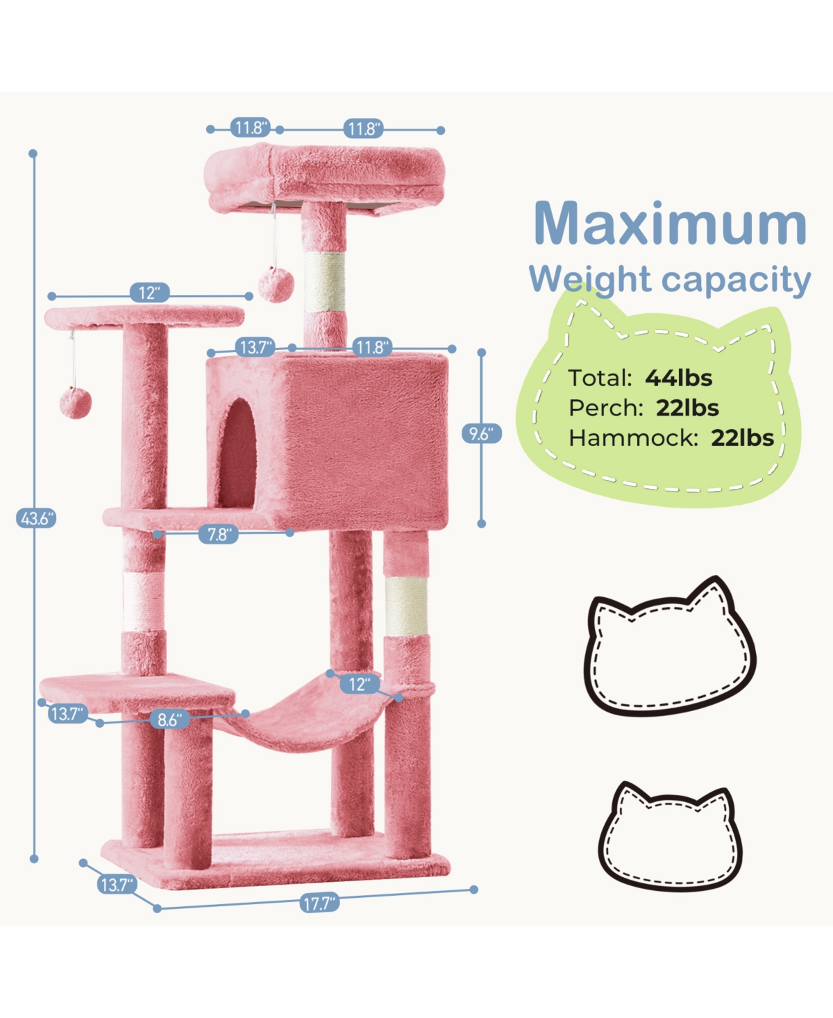 Zeus & Ruta 44in Cat Tree Tower: Multi-Cat Climbing, Sisal Posts, Extended Platform