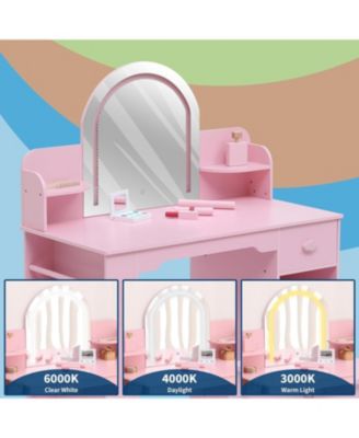 Kids Vanity Lighted Mirror - 2 in 1 Little Girls Vanity Table and Stool - Kids Makeup for Bedrooms, Apartments