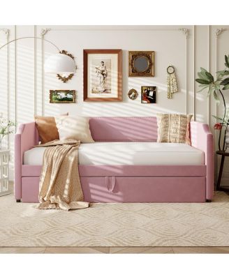 Twin Size Velvet Upholstered Daybed with Pop Up Trundle