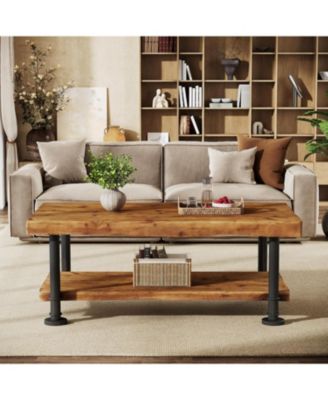 Wood Coffee Table, 2-Tier Coffee Table with Storage