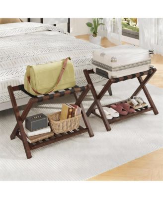 Bamboo Foldable Luggage Rack with Nylon Straps for Dual-Layer Storage