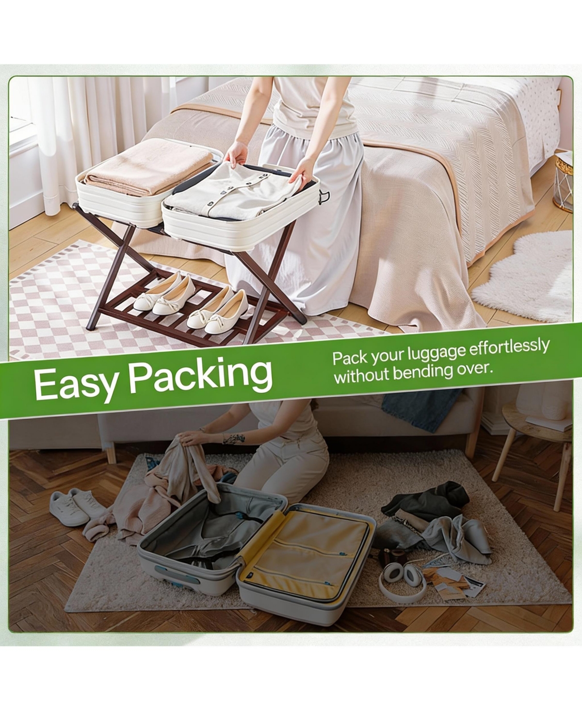 Yigii Bamboo Suitcase Stands Set of 2 with Nylon Strap Support for Guest Room