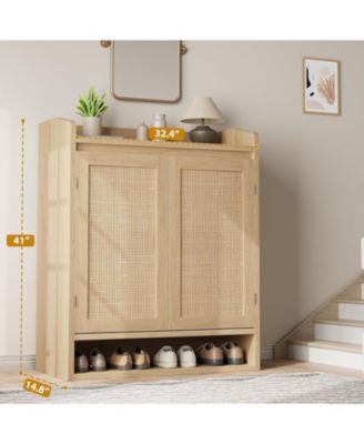Rattan Shoe Cabinet with 4 Tier Storage Shelves, Modern Wooden Boho with Double Doors, Tall Shoe Organizer Cabinet for Entryway