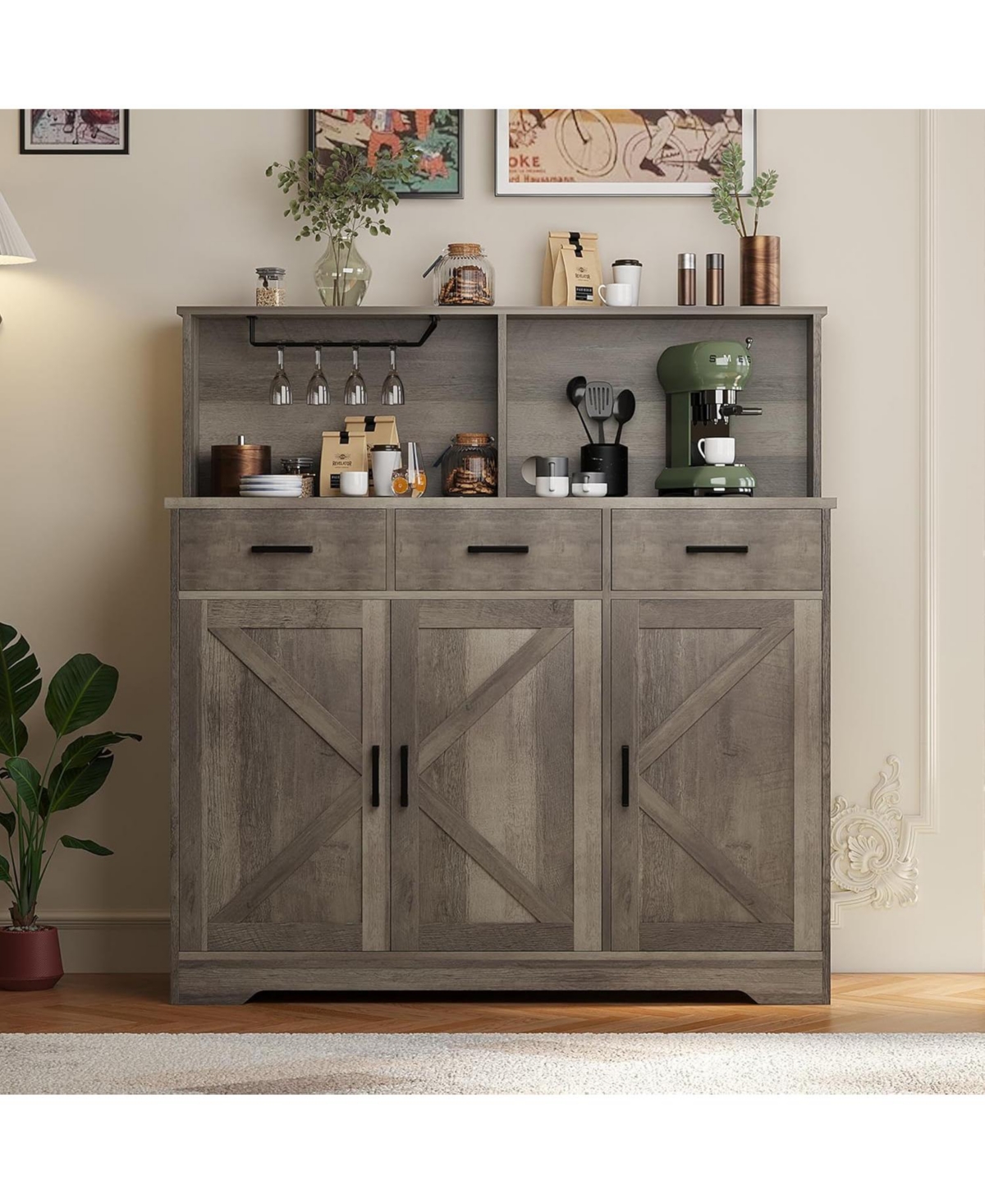 Gaomon Wooden Buffet Cabinet with Barn Doors, Microwave Stand, Drawers & Shelves – Coffee Bar Sideboard for Kitchen or Living Room