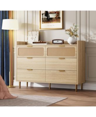 6 Drawer Double Dresser for Bedroom, 47" Wide Modern Chest of Drawers, Wooden Storage Rattan Dresser for Bedroom Living Room Hallway