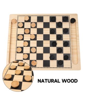 2-in-1 Reversible Natural Wood Checkers & Tic-Tac-Toe Board Game Combo Set with Game Pieces