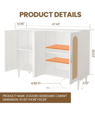 Rattan Buffet Cabinet with Storage,Sideboard Cabinet with 4 Doors and Adjustable Shelves, Console Coffee Bar with Charging Station, Boho Wood