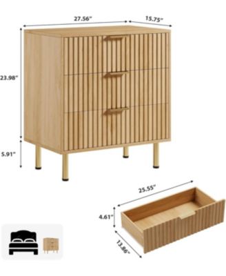 Fluted 3 Drawer Dresser for Bedroom, Modern Nightstand with Deep Drawers