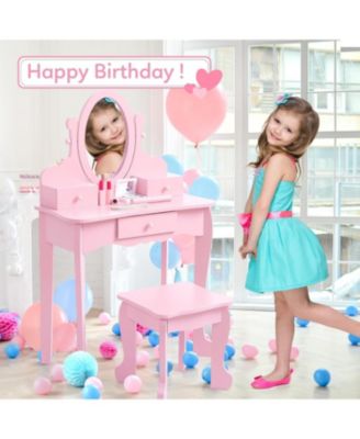Kids Vanity Set with Mirror and Stool, Girls Wooden Makeup Playset